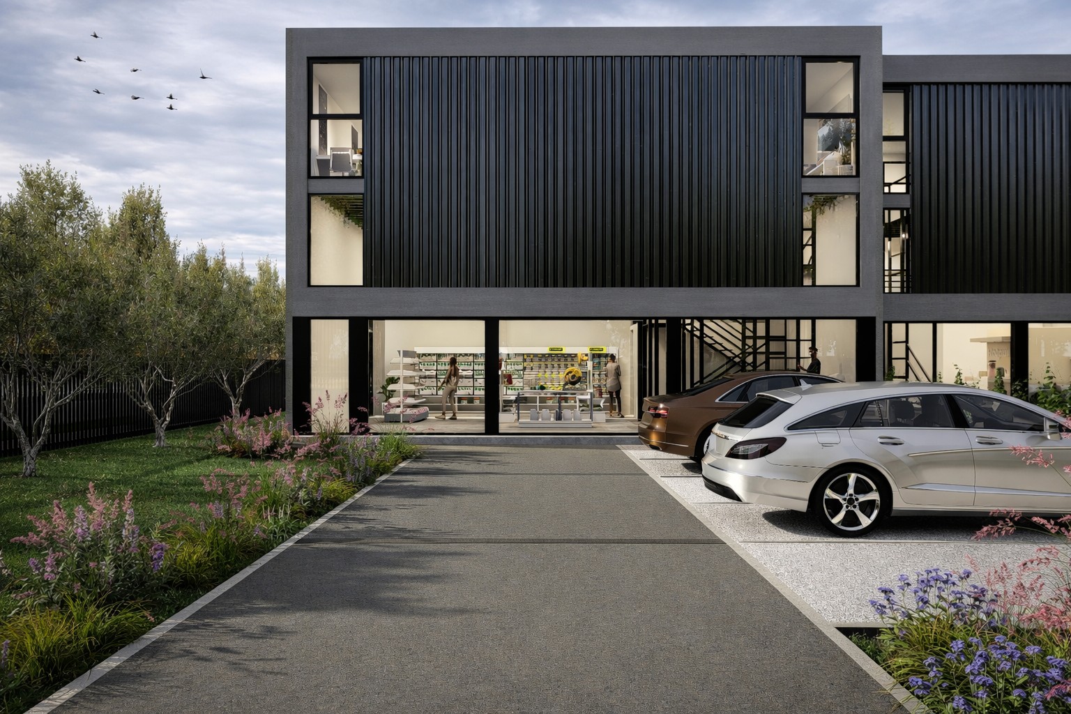 Vista frontal del complejo Fisherton Work